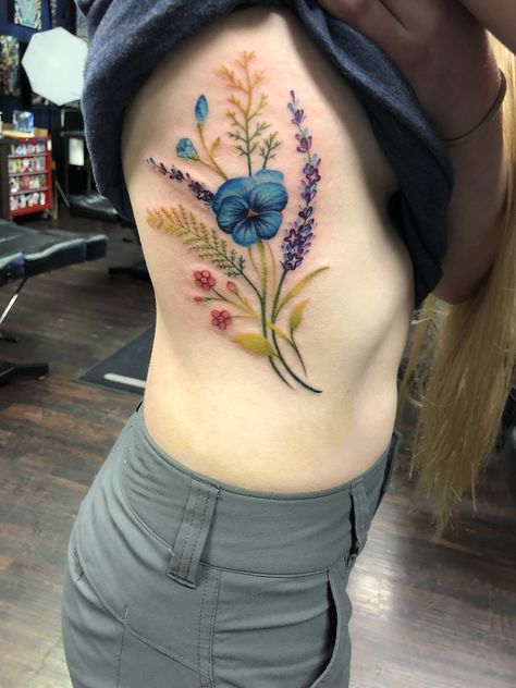 Wildflower tattoo. Irish Wildflowers Tattoo, Watercolor Tattoo Coverup, Wildflower Tattoo Sleeve, Cottagecore Tattoos, Wildflower Tattoo Design, Flower Neck Tattoo, Flower Tattoo On Side, Seahorse Tattoo, Wildflower Tattoo