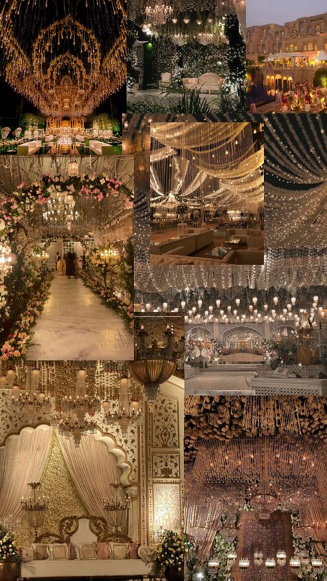 Golden lighting with lots of flowers in a desi wedding reception Desi Wedding Reception, Desi Reception, Nikah Decor, Construction Fails, Wedding Decor Photos, Dream Wedding Decorations, Desi Wedding Decor, Luxury Wedding Decor, Wedding Planning Decor