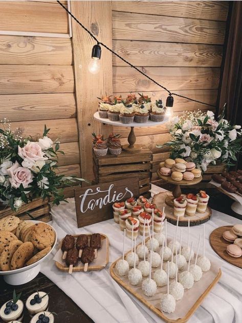 Dessert Tables Ideas Wedding, Boho Wedding Treat Table, Clear Dessert Display, Dessert Table Ideas Bridal, Wedding Dessert Table Display Ideas, Dessert Bar Table Ideas, Wedding Decor Dessert Table, Non Wedding Cake Ideas Dessert Tables, Party Food Organization Ideas