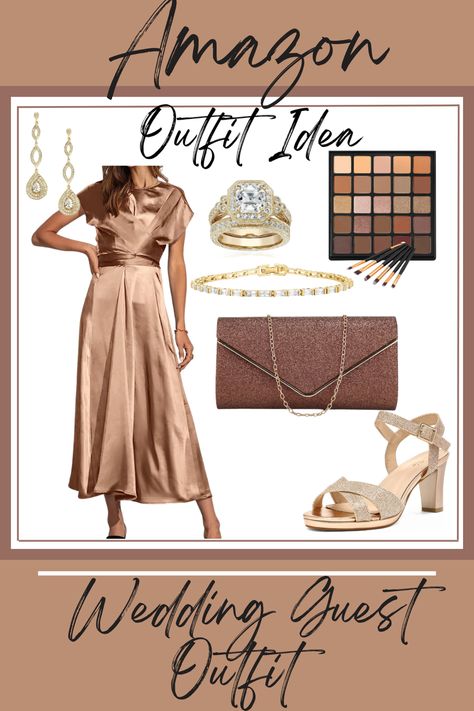 Pretty dressy outfit for a wedding or for any special event. Light brown satin dress from Amazon with great reviews. I've paired some neutral accessories and even a beautiful highly recommended eyeshadow pallette. Brown Satin Dress, Dress From Amazon, Dressy Outfit, Neutral Accessories, Brown Satin, Dressy Outfits, Satin Dress, Satin Dresses, Special Event