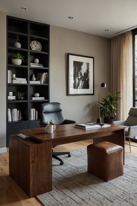 Office Modern Design Interior, Modern Minimalist Workspace, Mens Moody Office, Home Office Inspo Masculine, Modern Office Men, Modern Home Office Design Inspiration, Rustic Modern Office Design, Transitional Home Office Design, Modern Office Built Ins