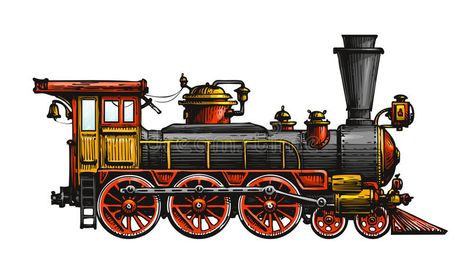 Vintage steam locomotive. Drawn ancient train, transport. Vector illustration royalty free illustration Train Vector, Train Illustration, Train Drawing, Steam Engine Trains, Train Art, Old Trains, Old Train, Train Pictures, Model Train Layouts