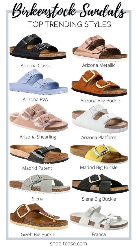 Collage of 12 trendy birkenstocks in different colors and styles with text reading birkenstock sandals top trending styles shoe-tease.com. Women Mules Shoes, Birkenstock Women Outfit, Women Birkenstock Sandals Outfits, Women Birkenstock, Womens Birkenstocks, Birkenstock Sandals Outfit, Sandals Design, Birkenstock Styles, Birkenstock Sandals Women