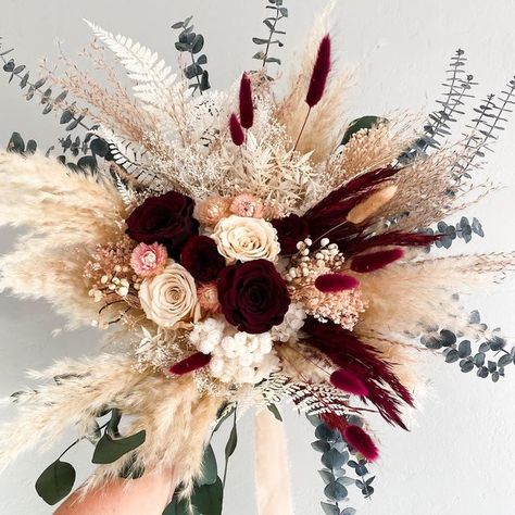 Bride Bouquets Burgundy, Burgundy And Pampas Wedding, Dried Flower Bouquet Wedding, Burgundy And Blush Wedding, Pampas Grass Bouquet, Burgundy Bouquet, Dried Flowers Wedding, Blush Bouquet, Red Bouquet