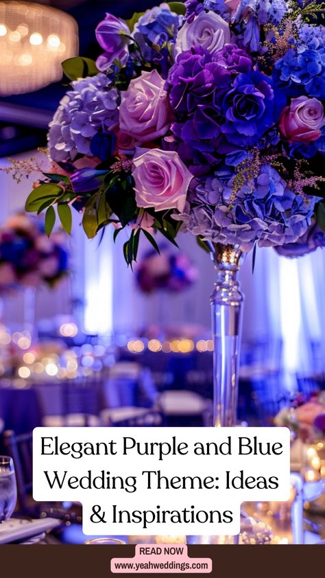 A beautifully decorated wedding reception with elegant purple and blue color themes, featuring floral arrangements, table settings, and lighting that create a sophisticated and memorable celebration. Royal Blue Purple And White Wedding, Purple And Sky Blue Wedding, Light Purple And Navy Blue Wedding, Royal Purple And Navy Blue Wedding, Royal Blue And Purple Wedding Ideas, Purple And Gold Wedding Theme Decor, Royal Blue And Purple Wedding Theme Color Schemes, Purple And Blue Winter Wedding, Navy Blue And Lavender Wedding Decor