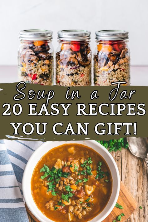 These Soup in a Jar recipes are perfect for a frugal and thoughtful gift this Christmas season. Gift your friends and family a mason jar with all the ingredients needed for a from scratch meal! #souprecipes #soupinjar #masonjarrecipes #masonjargifts #cheapchristmasgifts #homemadegifts #frugalgifts #homesteadergifts #foodgift #masonjarsoup Meal Jar Gifts, Make Ahead Soup In A Jar, Dehydrated Jar Meals, Dry Soup In A Jar Recipes, Instant Pot Jar Recipes, Premade Soup In A Jar, Soup In A Mason Jar Gift, Bean Soup Gift In A Jar, Soup In A Mason Jar Recipes