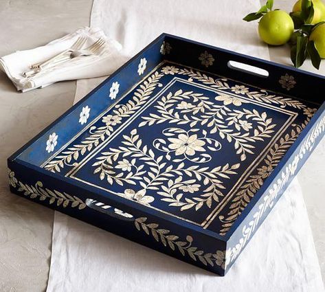 Decor/accessories - Handcrafted and painted by skilled artisans, this stunning tray combines a traditional floral motif with a simplified color scheme of white on indigo. Pattern Batik, Decoupage Tray, Painted Trays, Diy Tray, Paint Tray, Diy Art Projects, Hand Painted Furniture, Wooden Tray, Home Decor Accessories