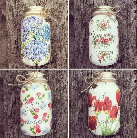 And who wouldn't want these magical mason jars: 21 Mod Podge DIYs That’ll Make You Want To Go Grab A Bottle Today Diy Projects For Women, Modge Podge Jars Tissue Paper, Mod Podge Decoupage, Mod Podge Crafts Diy Gift Ideas, Decoupage Mason Jars Diy, What To Do With Mason Jars, Things To Do With Mason Jars, Things To Decoupage, Painting Mason Jars Diy