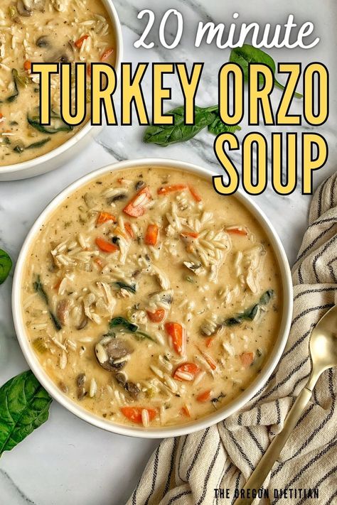 Turkey Spinach Soup, Turkey Orzo Soup Recipes, Healthy Turkey Soup, Turkey Orzo Soup, Turkey Orzo, Shredded Roast, Creamy Turkey Soup, Homemade Turkey Soup, Thanksgiving Soups