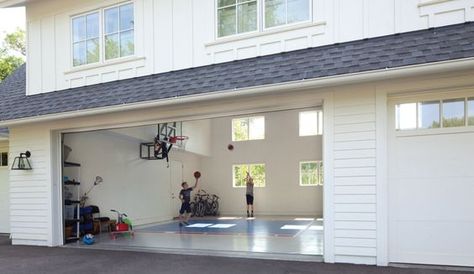 Family Installs a Sport-Court Garage in Chanhassen Home Gyms Ideas Garage, Indoor Sports Court, Home Basketball Court, Garage Floor Paint, Farmhouse Garage, Home Gym Garage, Garage Addition, Indoor Basketball Court, Garage Remodel