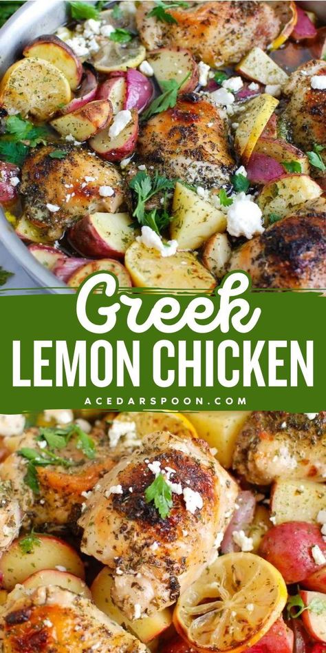 An easy chicken recipe in one pot! Your dinner ideas for tonight must have these Greek lemon chicken thighs. Infused with a lemon marinade, this Greek chicken and potatoes is wonderfully sweet, zesty, and satisfying! Greek Lemon Chicken And Potatoes In Oven, Greek Lemon Chicken And Potato Bake, One Pan Greek Lemon Chicken And Potatoes, Greek Chicken With Lemon And Feta, Greek Chicken Instant Pot, Greek Lemon Chicken And Potatoes, Dinner Ideas For Tonight, Leftover Chicken Recipes Easy, Lemon Marinade