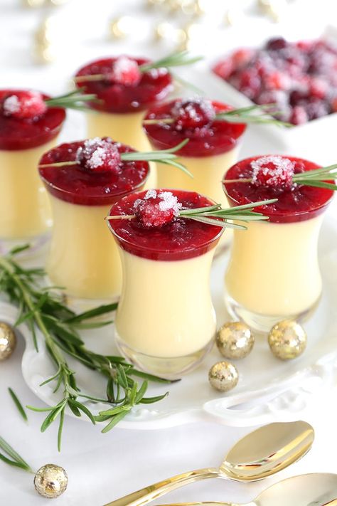 Eggnog Panna Cotta With Spiked Cranberry Sauce Eggnog Panna Cotta, Cranberry Sauce Recipe, Christmas Lunch, Christmas Food Desserts, Christmas Menu, Christmas Cooking, Cranberry Sauce, Mini Desserts, Baklava