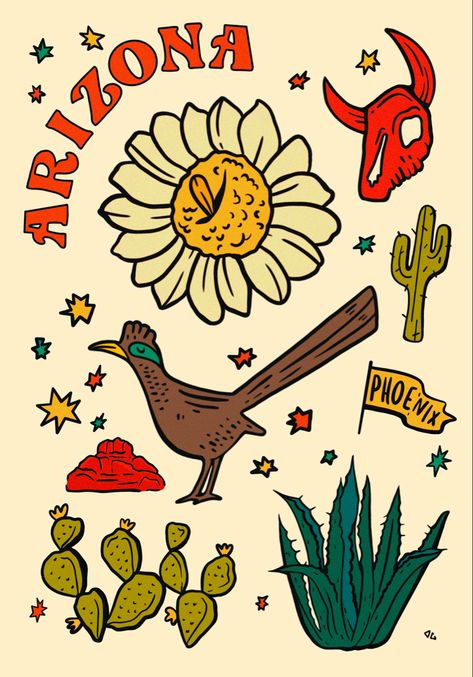 Cactus Flower Illustration, Southwest Graphic Design, Arizona Doodles, Desert Graphic Design, Arizona Drawing, Southwest Illustration, Arizona Illustration, Cryptid Aesthetic, Arizona Wildlife