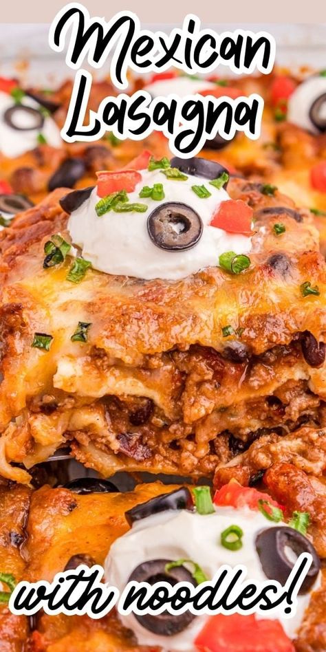 This easy Mexican Lasagna is made up with no-boil lasagna noodles which speeds up the process. Filled with taco-seasoned ground beef, two kinds of cheese and baked in enchilada sauce. Top it off with sour cream, tomatoes, green onion and olives. So tasty! Mexican Lasagna With Noodles, Lasagna With Noodles, Easy Mexican Lasagna, Mexican Casseroles, Easy Mexican Dishes, Mexican Lasagna Recipes, Delicious Lasagna, Taco Lasagna, Quick Family Dinners