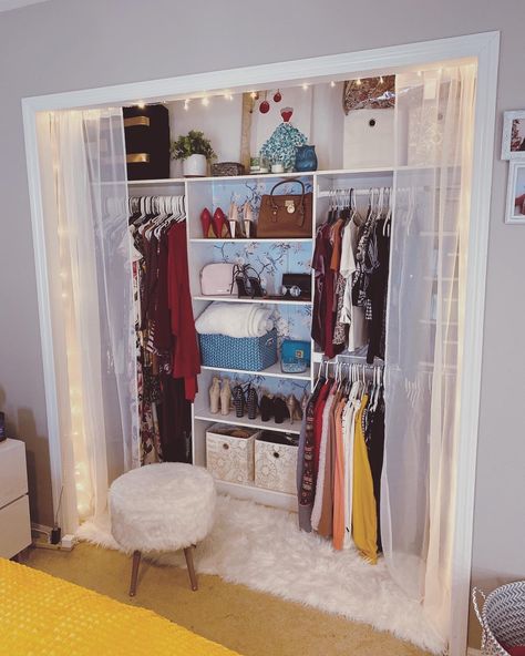 Closest Without Doors, Long Closet Ideas, Bed Inside Closet Ideas, Closet Transformation, Closet Small Bedroom, Room Organization Bedroom, Cute Closet, Closet Renovation, Closet Remodel