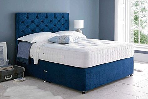 Sleep Factory Ltd Mona Velvet Divan Bed Set With 3000 Organic Pocket Memory Mattress With Headboard and 2 Drawers, 4FT6 Double Blue Velvet: Amazon.co.uk: Kitchen & Home Crushed Velvet Bed, Divan Beds, Velvet Furniture, Divan Bed, Velvet Bed, Headboard Designs, Ottoman Bed, Beds & Bed Frames, Bed Sets