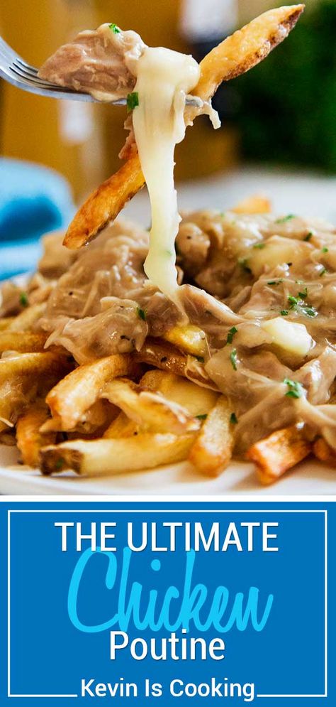 The Ultimate Chicken Poutine, better known as french fries smothered with gravy, is loaded with slow cooked, seasoned and shredded chicken and cheese curds. Amazing for snacking! via @keviniscooking Chicken And French Fries, Fries With Gravy And Cheese Poutine, Smothered French Fries, Poutine Recipe With Meat, Smothered Fries Recipe, Chicken Poutine Recipe, Smothered Fries, Poutine Recipes, Chicken Poutine