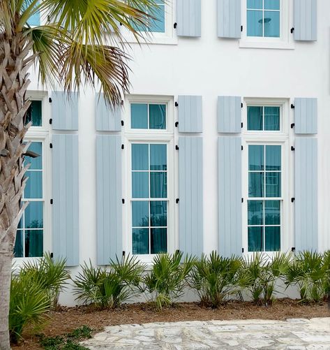 Coastal Exterior House Colors, House Shutter Colors, Coastal Homes Exteriors, Exterior Shutter Colors, Beach House Exterior Colors, Shutter Paint Colors, White Stucco House, Exterior Beach House, Plank And Pillow