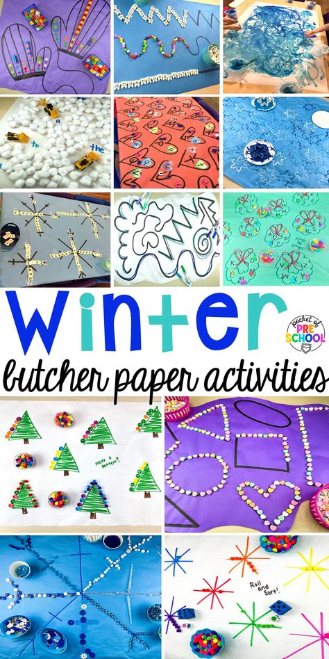 21 Winter Butcher Paper Activities - Pocket of Preschool Fall Butcher Paper Activity, Christmas Butcher Paper Activities, Winter Animals Preschool, Preschool November, Paper Activities, Pocket Of Preschool, January Ideas, Table Activities, Winter Theme Preschool