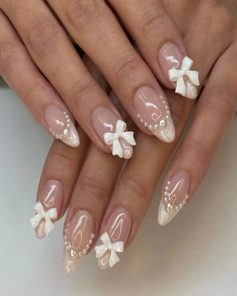 Bow Nails, Cute Simple Nails, Heart Nail, Girly Acrylic Nails, Almond Nails Designs, Pearl Nails, Jelly Nails, Stick On Nails, Prom Nails