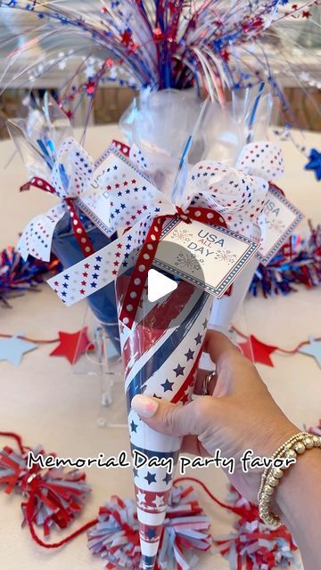 Felicia Pettit | CREATING PARTIES & GIFTS on Instagram: "🇺🇸🎉 Celebrate Memorial Day in style with these festive treat cones! Made from vibrant red, white, and blue papers, each cone is filled with star-shaped candies for that extra patriotic touch. Don’t forget the personalized tag tied with a ribbon that proudly says “USA all DAY”!  ✨comment USA for printable and supplies✨  Perfect for parties, BBQs, or any Memorial Day gathering. Show your patriotic spirit and make your celebration memorable with these fun and delicious treats! 🇺🇸🎉  #memorialday #partyfavors #usa #partyideas #diyparty #partydecor #partydecorideas #party #hosting #diy #🇺🇸" Patriotic Candy Bar, Patriotic Gift Ideas, 4th Of July Party Favors, Patriotic Party Favors, Notary Marketing, Treat Cones, Candy Cone, Party Hosting, July Ideas