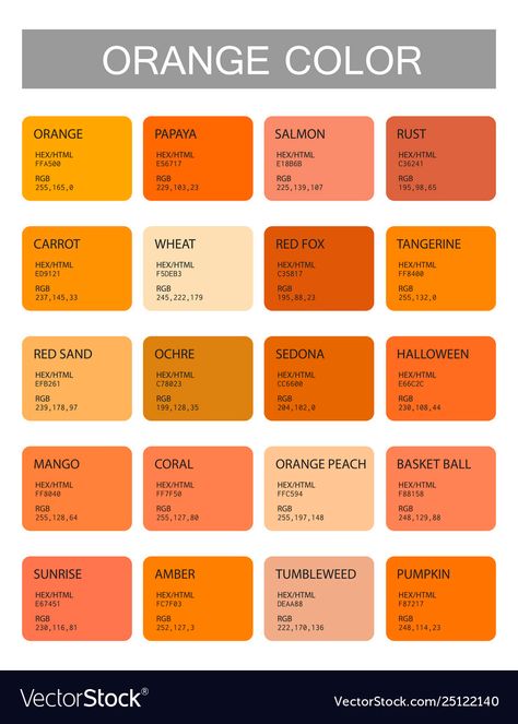 Orange color codes and names selection ... Orange Color Names, Rare Orange Color, Shade Of Orange, Colour Orange, Orange Pastel Color, Orange Color Pantone, Orange Hues, Different Shades Of Orange, Orange Shades