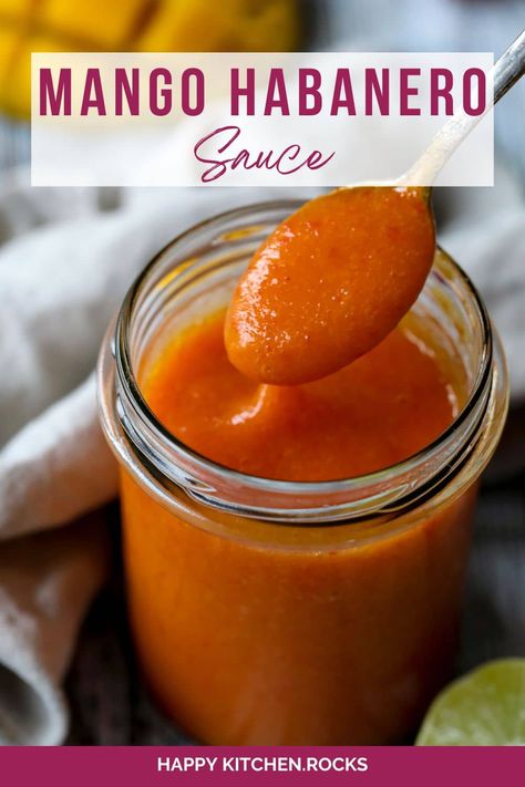 A sweet and spicy Mango Habanero Sauce adds flavorful kick to dishes, ideal for dipping, marinating, or drizzling over your favorite meals. | happykitchen.rocks Habanero Sauce Recipe, Habanero Recipes, Mango Habanero Sauce, Turkey Gravy Recipe, Habanero Sauce, Habanero Hot Sauce, Mango Sauce, Hot Sauce Recipes, Food Video