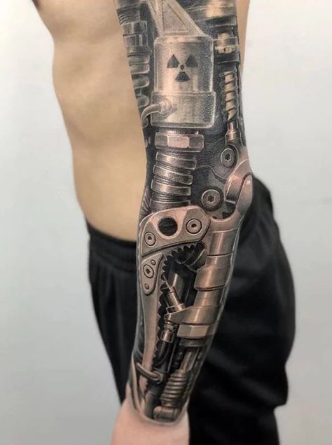 60 Best Biomechanical Tattoo Ideas and Designs for 2021 Biomechanical Tattoo Arm, Mechanical Sleeve Tattoo, Mechanical Arm Tattoo, Biomech Tattoo, Tato 3d, Biomechanical Tattoo Design, Robot Tattoo, Gear Tattoo, Mechanic Tattoo