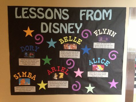 "Lessons from Disney" bulletin board. Shows what one can learn from characters in Disney movies. Orientation Activities, Imagine School, Disney Bulletin Boards, Ra Programs, Mickey Mouse Classroom, Disney Themed Classroom, Ra Boards, Ra Bulletin Boards, Magic Theme