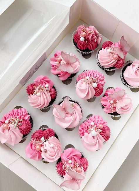 Butterflies Cupcakes Ideas, Cupcake With Butterfly, Hot Pink And Silver Cupcakes, Pink Cupcake Decorating Ideas, Pink 21st Birthday Cupcakes, Pink Cupcake Designs, Pink Themed Cupcakes, Baby Pink Cupcakes, Different Shades Of Pink Cake