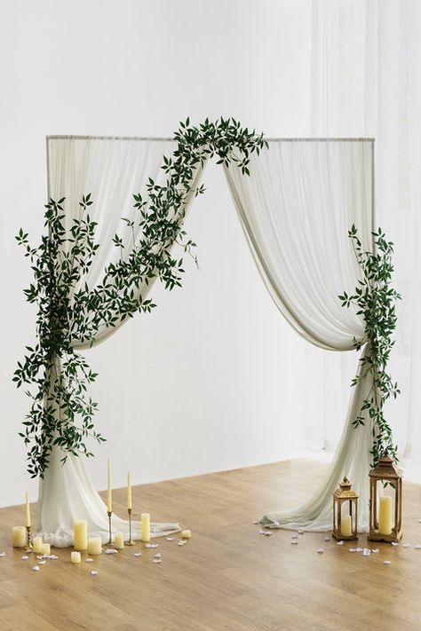 Home Wedding Backdrop Ideas, Simple Arches For Wedding, Wedding Arch With Curtains, Backdrop Rustic Wedding, Chiffon Wedding Decor, Wedding Backdrop Outside, Drapes And Flowers Backdrop, Vintage Backdrop Wedding, Wedding Arch Curtains