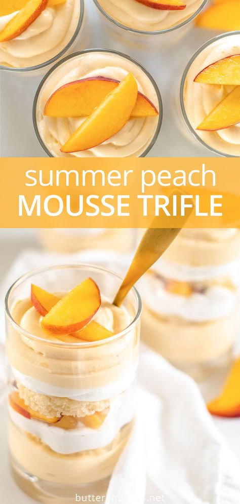 Peach Parfait Dessert, Whipped Cream Dessert Recipes, Creamy Mousse Recipes, Peach Easy Recipes, Peach Mousse Desserts, Cute Peach Desserts, Peach Trifle Desserts, Light Peach Desserts, Easy Dessert Recipes With Fruit