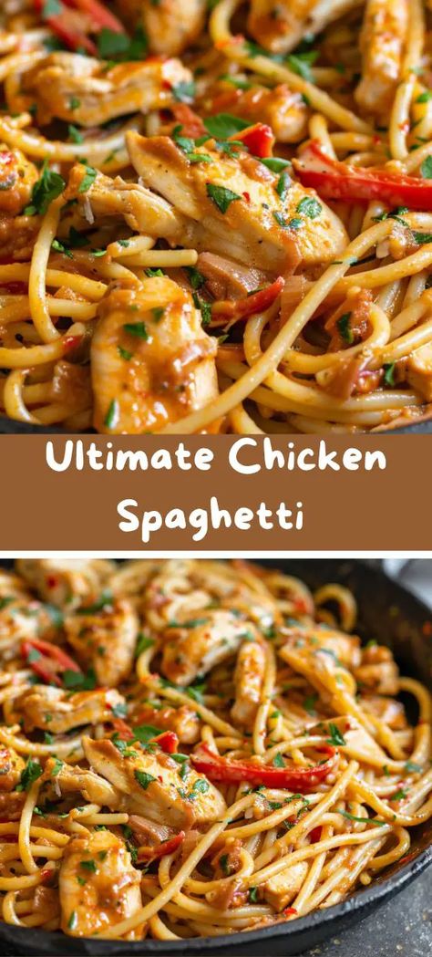 Ultimate Chicken Spaghetti Plain Chicken Chicken Spaghetti, Chicken Spaghetti With Salsa, Amish Cheesy Chicken Spaghetti, Chicken Spaghetti With Vegetables, Church Supper Spaghetti, Shredded Chicken Spaghetti Recipes, Chicken Spaghetti Without Cheese, Chicken In Spaghetti Sauce, Rotisserie Chicken Spaghetti Recipe