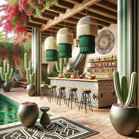 🇲🇽 To Celebrate one of my FAVORITE events in our Hometown: My @gilherrera twist of Modern Mexican Hacienda Outdoor Living with a Tulum/Cabo Touch & Palm Springs SPLASH for Palm Springs Modernism Week @ModernismWeek (FOLLOW THEM♥️) . At CoLores Decor Our team is constantly experimenting with textures & “WOW” styles for a UNIQUE statement design for any room…Introducing TOP 🇲🇽 MeXican Artisan Design & CATAPULTING our culture’s Talent through the vision of our founder, GiL Herrera @giLherrera ... Bar Counter Outdoor Design, Mexican Design Interior, Palm Royale Aesthetic, Mexican Bar Design, Tropical Restaurant Design, Tropical Bar Design, Mexican House Decor, Hacienda Restaurant, Modern Mexican Hacienda