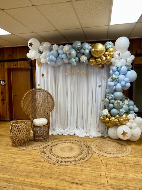 Balloons With Curtain Backdrop, Balloon Arch Curtain Backdrop, Sheer Curtain Backdrop With Balloons, Balloon Curtain Backdrop, Balloon Arch With Curtain Backdrop, Baby Shower Backdrop Ideas Boys, Simple Baby Shower Backdrop, Baby Boy Shower Backdrop, Baby Shower Backdrop Boy