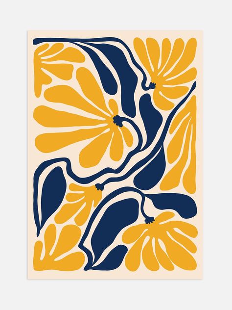 Create an inviting atmosphere with this luxurious poster inspired by Matisse's vibrant use of colors. This statement piece blends brilliant yellow and blue hues in an abstract flower print, creating a unique addition to your decor that will leave a lasting impression. Yellow In Nature, Blue Flower Poster, Blue And Yellow Pattern, Yellow Poster, Boho Yellow, Abstract Flowers Print, Illustration Kunst, Posca Art, Flower Poster