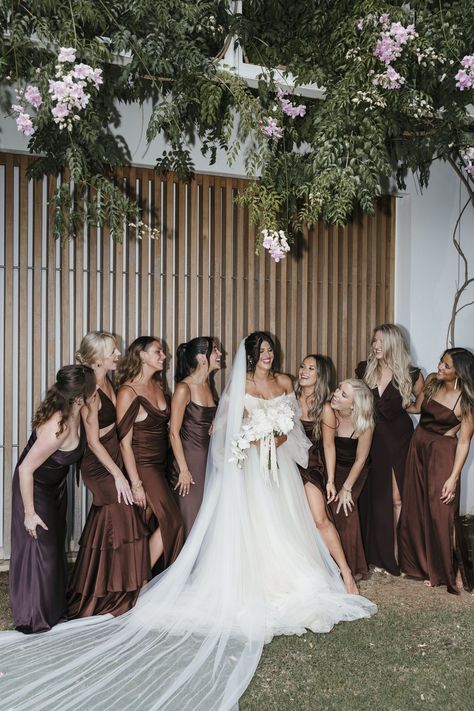 bridesmaids in mix and match brown gowns for an earthy and romantic boho beach wedding in Ibiza Braidsmaids Dresses Brown, Ethereal Wedding Bridesmaid, Bridesmaid Brown Dress, Taupe Brown Bridesmaid Dresses, Wedding And Bridesmaid Dresses, Brown And Pink Bridesmaid Dresses, Skin Tone Bridesmaid Dress, Brown Wedding Bridesmaid Dress, Brown Bridesmaid Dresses And Groomsmen