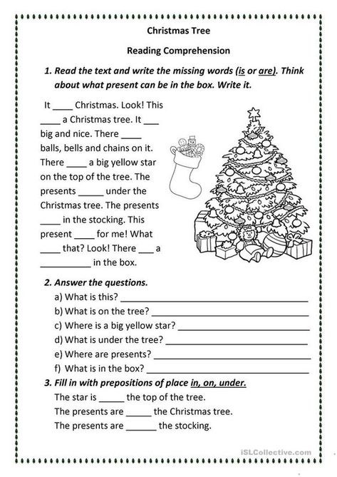 This is a printable worksheet for reading comprehension. The students revise the verb "to be" in the present simple and prepositions of place. Prepositions Kindergarten, Esl Prepositions, Middle School Grammar Worksheets, Christmas Reading Activities, Christmas Language Arts, Christmas Reading Comprehension, Holiday Reading, Language Arts Worksheets, Christmas Lesson