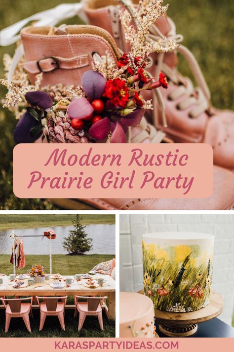 Modern Rustic Prairie Girl Party | Kara's Party Ideas Reminds me of little house on the prairie! Pioneer Birthday Party Ideas, Little House On The Prairie Birthday, Southern Birthday Party Ideas, Pioneer Party, Little House On The Prairie Party, Prairie Wedding, Flower Birthday Party, Party Spread, Floral Party