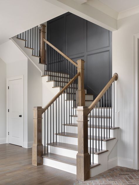 The Grove at Forest Hills - Lot 1 - Devin Taylor Interior Design Banister Overlooking Living Room, Loft Wall Ideas Upstairs, Entry Way With Staircase, Farmhouse Entry Stairs, Entry Modern Farmhouse, Modern Farmhouse Banister Railings, Stair Railing Ideas Modern Farmhouse, Modern Entry Way Decor Ideas, Staircase Bannister Ideas