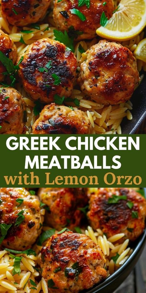 These Greek chicken meatballs with lemon orzo are a delightful and flavorful meal that combines the zesty flavors of lemon and herbs with the comforting texture of orzo pasta. Enjoy! Baked Chicken Meatballs With Creamy Butternut Squash And Spinach Orzo, One Dish Dinners Healthy, Meatball Stew With Orzo And White Beans, Lemon Orzo With Chicken, Mediterranean Greek Recipes, Lemon Herb Orzo, Mediterranean Diet Recipes Meatballs, Turkey Meatball Orzo, Lemon Chicken Meatballs With Orzo