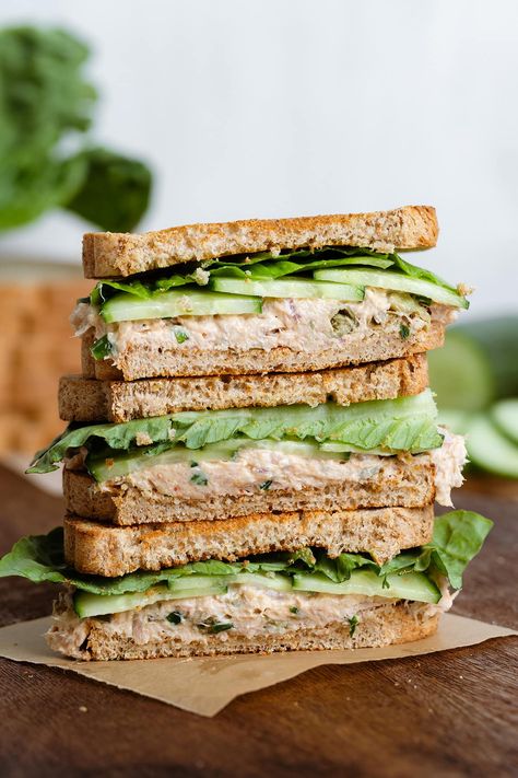 This Tuna Cucumber Sandwich is packed with flavor and super easy to make! You can keep it simple with just cucumber or add more veggies like lettuce, tomatoes, red onion, or roasted bell peppers! The sandwich makes a great quick lunch, snack, or a small dinner. The main ingredients are canned tuna, soft goat cheese, and chili garlic sauce for some added heat! Tuna Cucumber Sandwich, Creamsicle Fudge, Brekkie Ideas, Cucumber Goat Cheese, Tuna Cucumber, Lettuce Sandwich, Roasted Bell Peppers, Cucumber Sandwich, Grilled Sandwiches