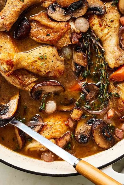 This deeply savory coq au vin recipe from Ina Garten is made with whole chicken cut into pieces, mushrooms, pearl onions, Cognac, and Burgundy. Coq Au Vin Recipe Ina Garten, Ina Roasted Chicken, Cou Au Vin Chicken, Julia Child Coq Au Vin, Coc Au Vin Chicken, Cow Au Vin Slow Cooker, Co Au Vin Chicken, Cog Au Vin Recipe, Cocovan Coq Au Vin