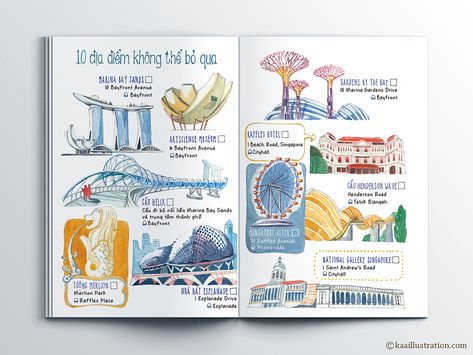 Singapore Travel Booklet on Behance Beach Travel Checklist, Travel Booklet, Beach Travel Quotes, Beach Travel Essentials, Watercolor Photoshop, Art Markers Drawing, Singapore Art, Travel Journal Scrapbook, Travel Art Journal