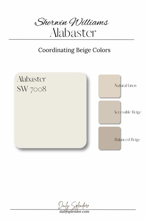 I refer to SW Alabaster as my tried and true white paint color. It’s a neutral white that always holds true to how I expect it to show up in a room.

In rooms bathed in natural light, Alabaster appears perfectly crisp white, but never stark. And in areas with less natural light, the warmth pulls a little more, making it softer and cozier. The ability for it to adapt to different environments and lighting conditions makes it a fail-proof choice for almost any space your are looking to complete. Alabaster Sherwin Williams Accent Colors, Alabaster White Color Palette, Colors That Go With Alabaster, Alabaster Trim Sherwin Williams, Shoji White And Alabaster, Trim Color For Alabaster Walls, Alabaster Interior Walls, Alabaster Sherwin Williams Living Rooms, Cabinet Colors With Alabaster Walls