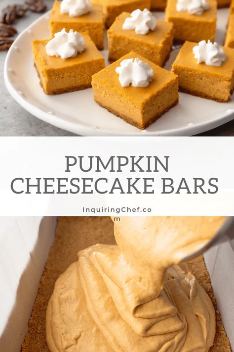 Pumpkin Cheesecake Bars are a combination of pumpkin pie and cheesecake baked into easy-to-serve bars. Creamy and flavored with pumpkin puree and warm spices, these are a fun addition to any holiday meal. No Bake Pumpkin Cheesecake Bars, Pumpkin Cheesecake Bars Recipe, Pumpkin Pie Cheesecake Bars, Fall Cheesecake, No Bake Pumpkin, Baking List, Cheesecake Squares, Bake Pumpkin, Pumpkin Cheesecake Bars