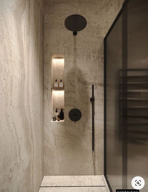 Travertine Bathroom Black Fixtures, Travertino Bathroom Design, Bathrooms Shelves, Minimalist Modern Bathroom, Nj House, Travertine Shower, Luxury Restaurant Interior, Black Radiator, Travertine Bathroom