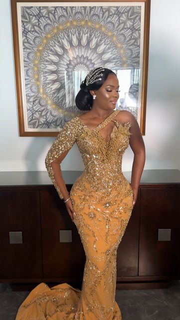 Nigerian Reception Dress, Nigerian Bride Reception Dress, Stunning Prom Dresses Classy, Nigerian Wedding Reception Dress For Bride, Reception Party Dress, Reception Dress For Bride, Nigerian Wedding Dresses Traditional, Nigerian Dress Styles, Gold Lace Dresses