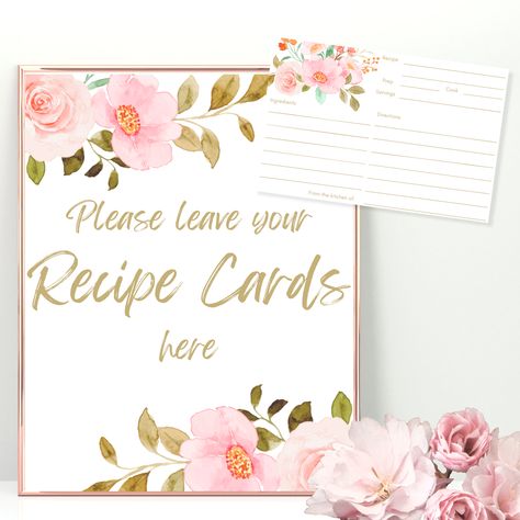 Printable Recipe Cards and Recipe Card Sign, Bridal Shower, Recipe Card Template, Bridal Shower Game, Recipe Insert Bridal Shower Recipe Cards, Recipe Card Template, Bridal Shower Recipe, Recipe Cards Template, Flower Room, Bridal Shower Food, Printable Recipe, Printable Recipe Cards, Bridal Shower Game