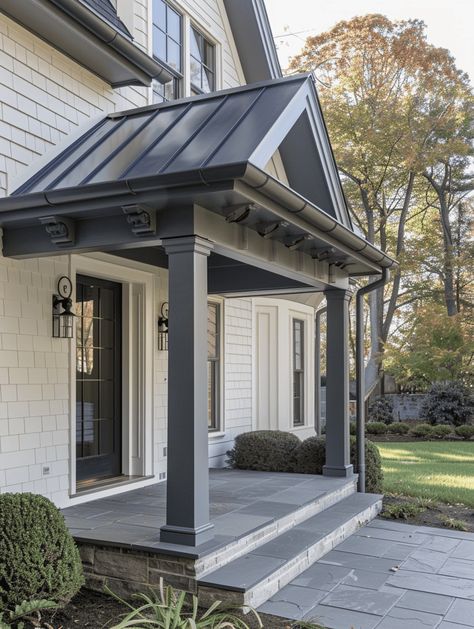 15 Porch Overhang And Roof Ideas To Inspire You Front Porch With Peak Roof, Side Door Awnings Exterior, Metal Roof Front Porch Addition, Traditional Roof Design, Covered Entryway Exterior, Roof Over Front Door, Entrance Canopy Design, Metal Roof Porch, Front Step Ideas